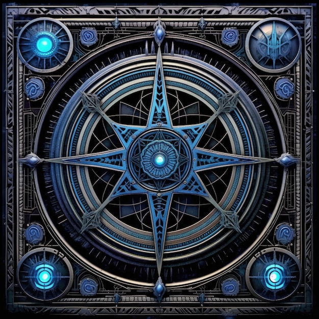 blue zodiac tarot compass elemental illustration art tattoo design metal astrology pattern