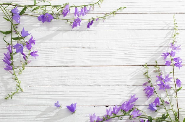 Bluebell flowers on white wooden background