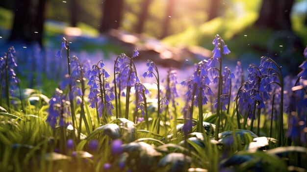 Bluebells in a forest with sunlight shining on the ground