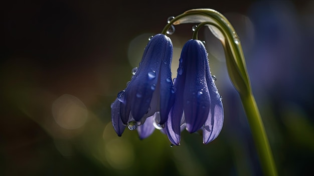 Bluebells with dew drops on a green stem