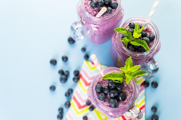 Blueberrie smoothie made with fresh organic blueberries and plain yogurt.