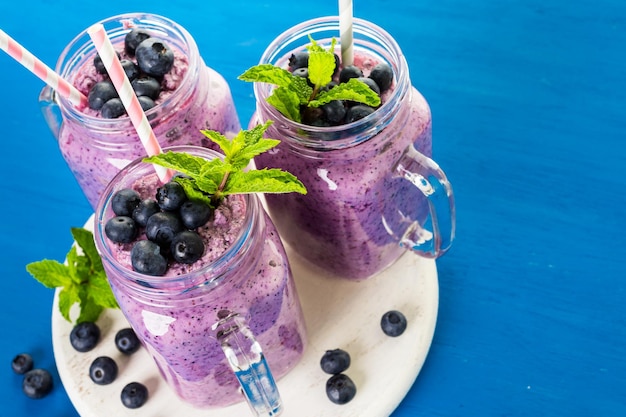 Blueberrie smoothie made with fresh organic blueberries and plain yogurt.