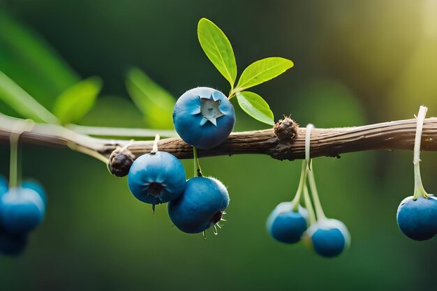 Blueberries are among the branches of a tree