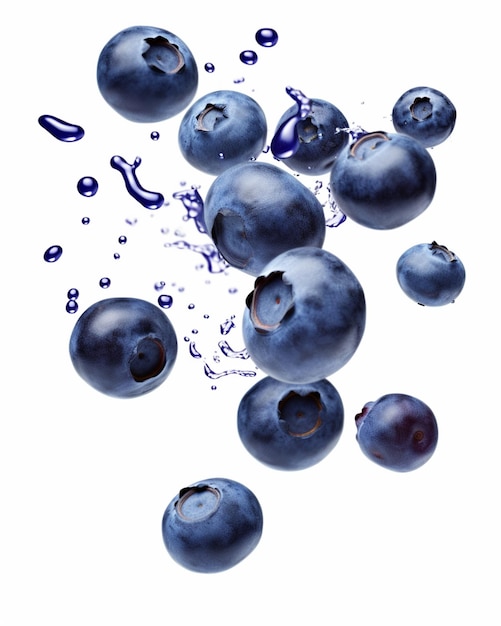 blueberries are falling into the water with bubbles on a white surface generative ai