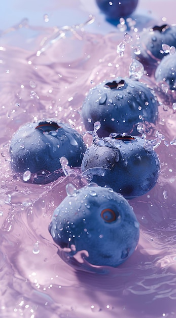 Blueberries are floating in a bowl of water with bubbles on the surface of the water and on the