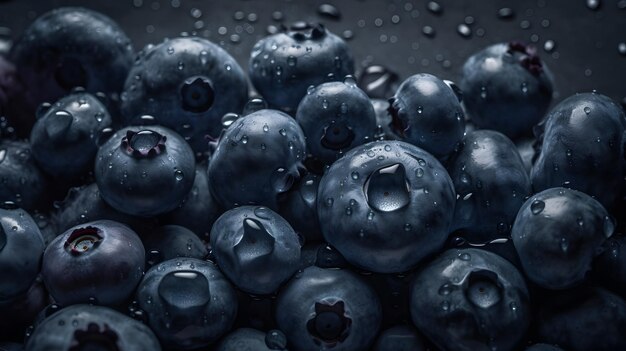 Blueberries are piled up on a table with water droplets on them.