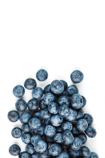 Blueberries are scattered on a white background