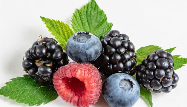 Blueberries blackberries raspberries and green leaves isolated on white