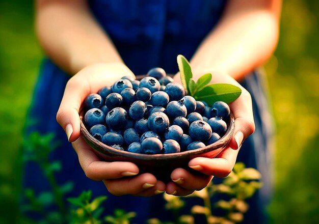 Blueberries blue berries fruits fresh presented in woman hands with soft vivid colors close up detailed macro AI Generated