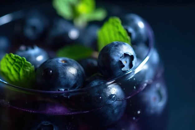 Blueberries in a bowl with mint leaves on the table