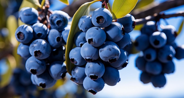 Blueberries on a branch of a bush in the garden Macro