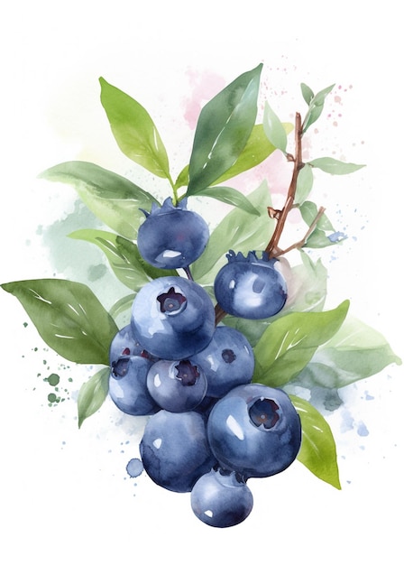 Blueberries on a branch with green leaves.