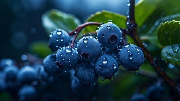 Blueberries on a branch with the rain drops on them