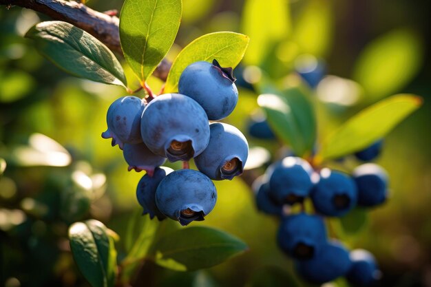 Blueberries on a bush in a summer sunny forest