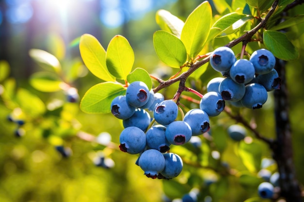 Blueberries on a bush in a summer sunny forest