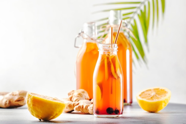 Blueberries Cranberries Fermented Raw Kombucha Vegan Drink With Ginger And Lemon In Bottle With Ecofriendly Straw