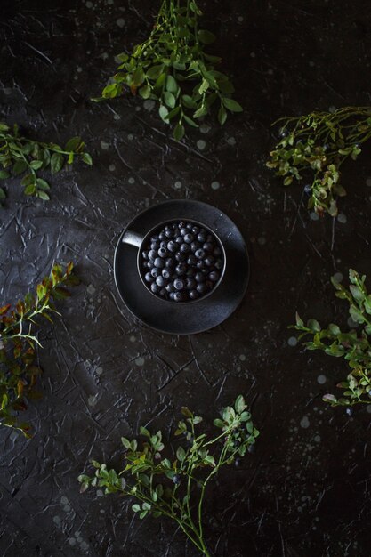 Blueberries in a cup, black background