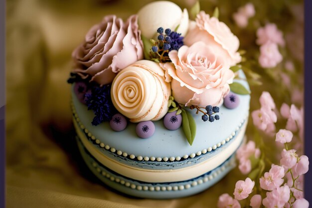 Blueberries flowers and macaron wedding cake