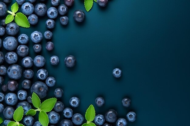 Photo blueberries fruit frame blue background concept with copy space