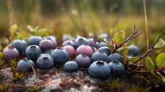 Blueberries on a ground with green leaves in the background