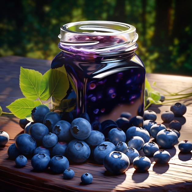 Blueberries jam in jar and fresh blueberry