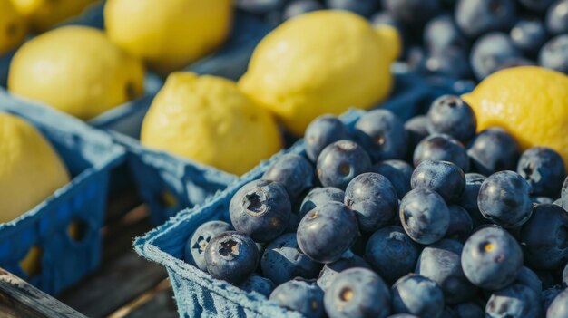 Blueberries and Lemons Displayed in Baskets