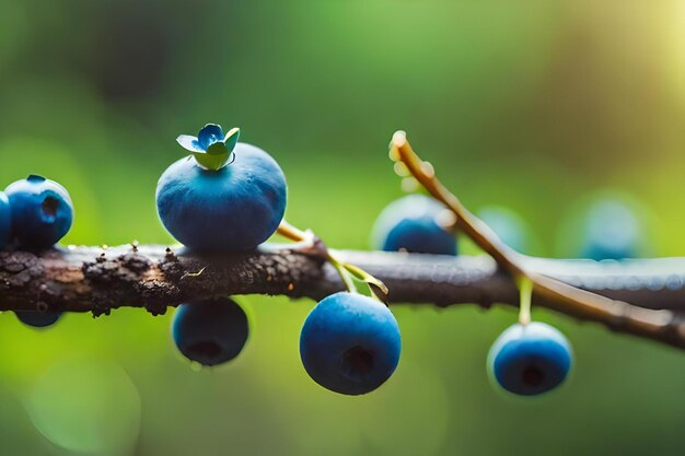 写真 緑の葉の枝にブルーベリー。