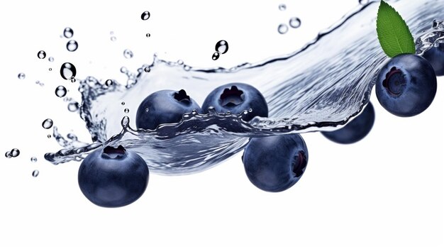 Blueberries in splashes of water on a white background Fresh splashing water generative ai