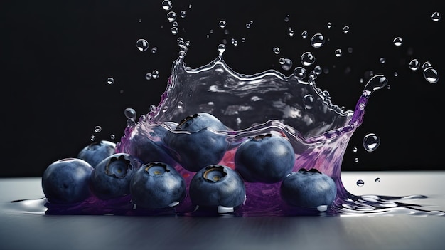 Blueberries splashing in a purple liquid