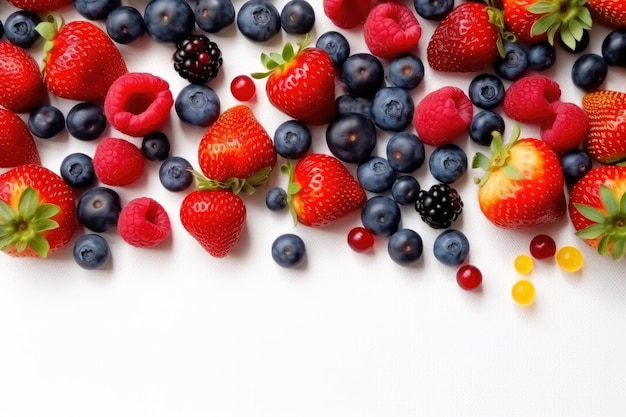 Blueberries strawberries raspberries blackberries and currants on a white background Generative AI