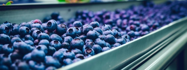 Blueberries tape in the food industry products ready for automatic packaging Concept with automated food production Generative AI