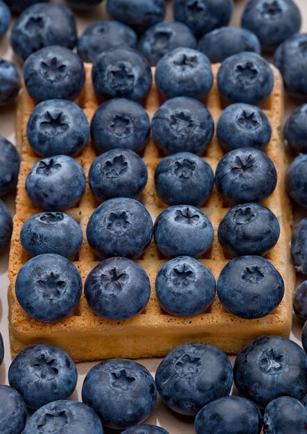 Blueberries on top of sweet waffle on plate