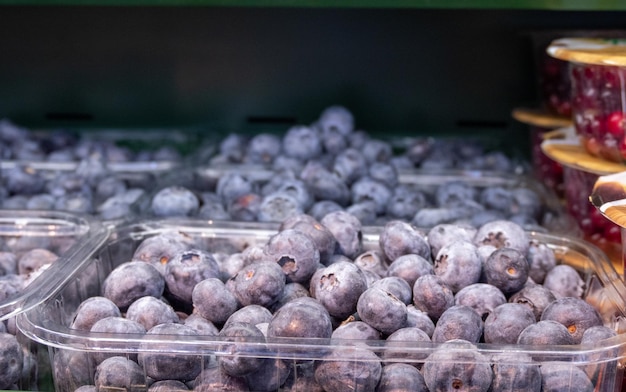 blueberries in a tray at the market