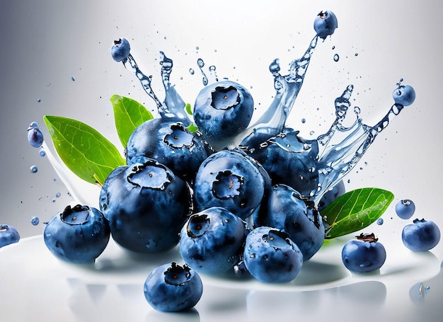 Blueberries and water splash on a white plate