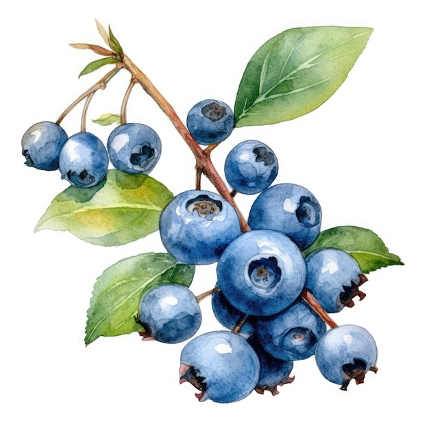 Blueberries in watercolor style with ink outline on white background generative AI