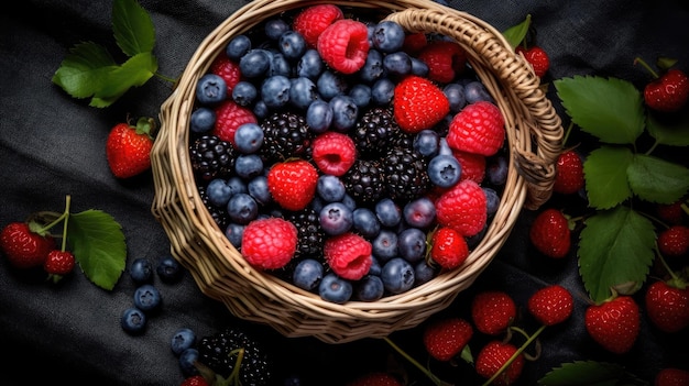 Blueberries in a wicker basket with green leaves on a dark background