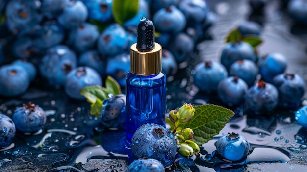 Photo blueberries with a bottle of antioxidant serum natures skincare