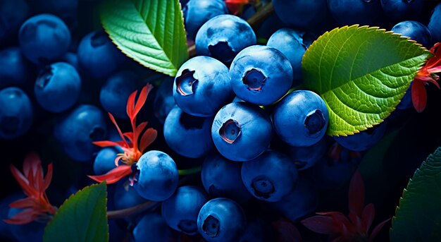 Blueberries with drops of water on a background of green leaves