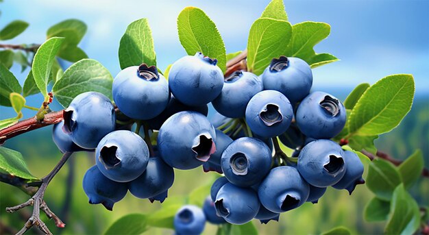 Blueberries with drops of water on a background of green leaves