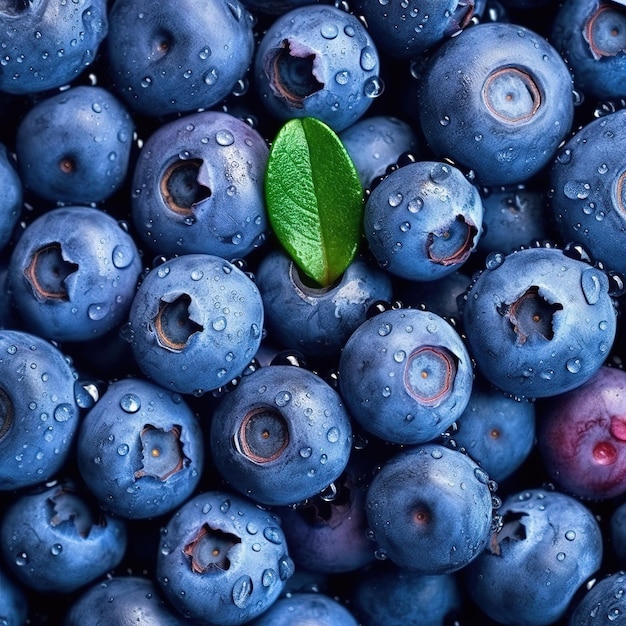 Blueberries with a green leaf in the middle