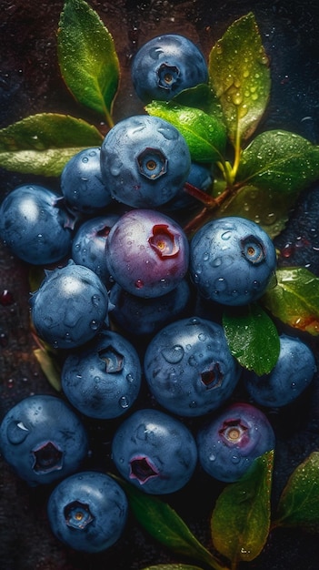 Blueberries with a green leaf on the top and water droplets on them
