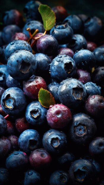 Blueberries with a leaf on the stem