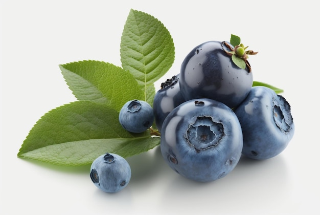 Blueberries with leaves isolated on white background generative ai