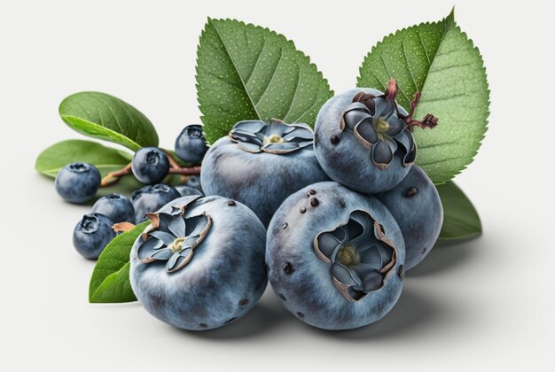Blueberries with leaves isolated on white background generative ai