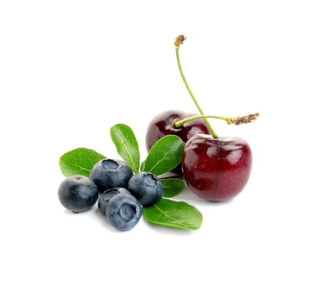 Blueberries with leaves on white background