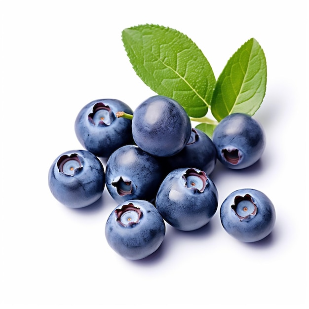 Blueberries with leaves on white background