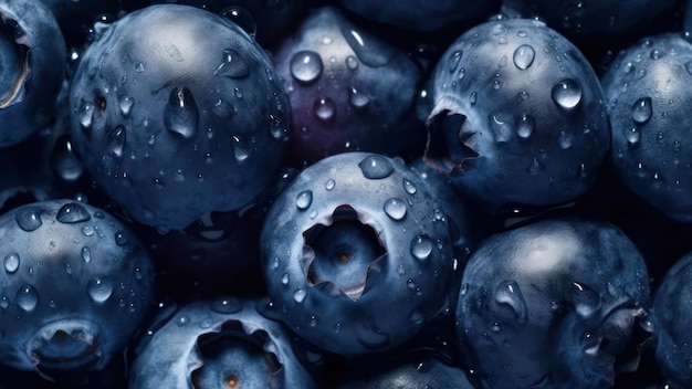 Blueberries with water droplets on them, the word blue is on the bottom right