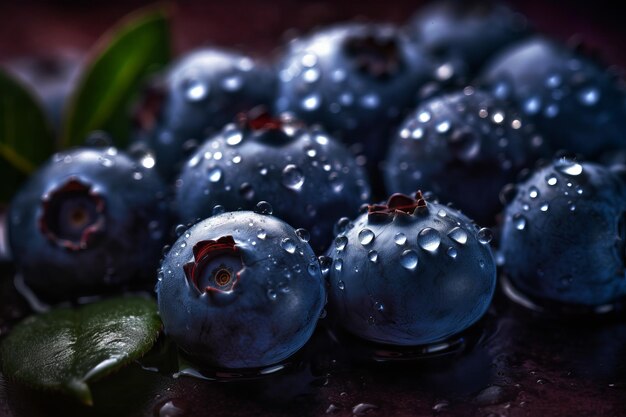 Blueberries with water drops on a dark background