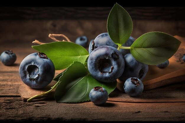 Blueberries on a wooden surface with leaves on the table