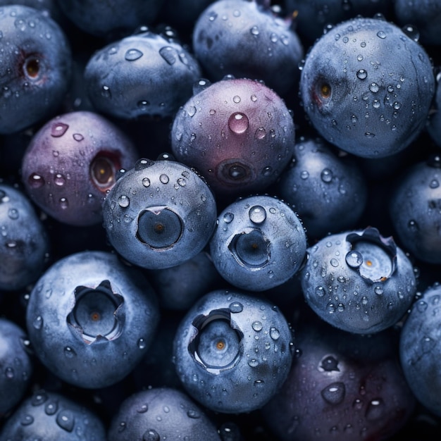 Blueberry achtergrond versierd met glanzende waterdruppels Topdown weergave Illustratie AI generatie